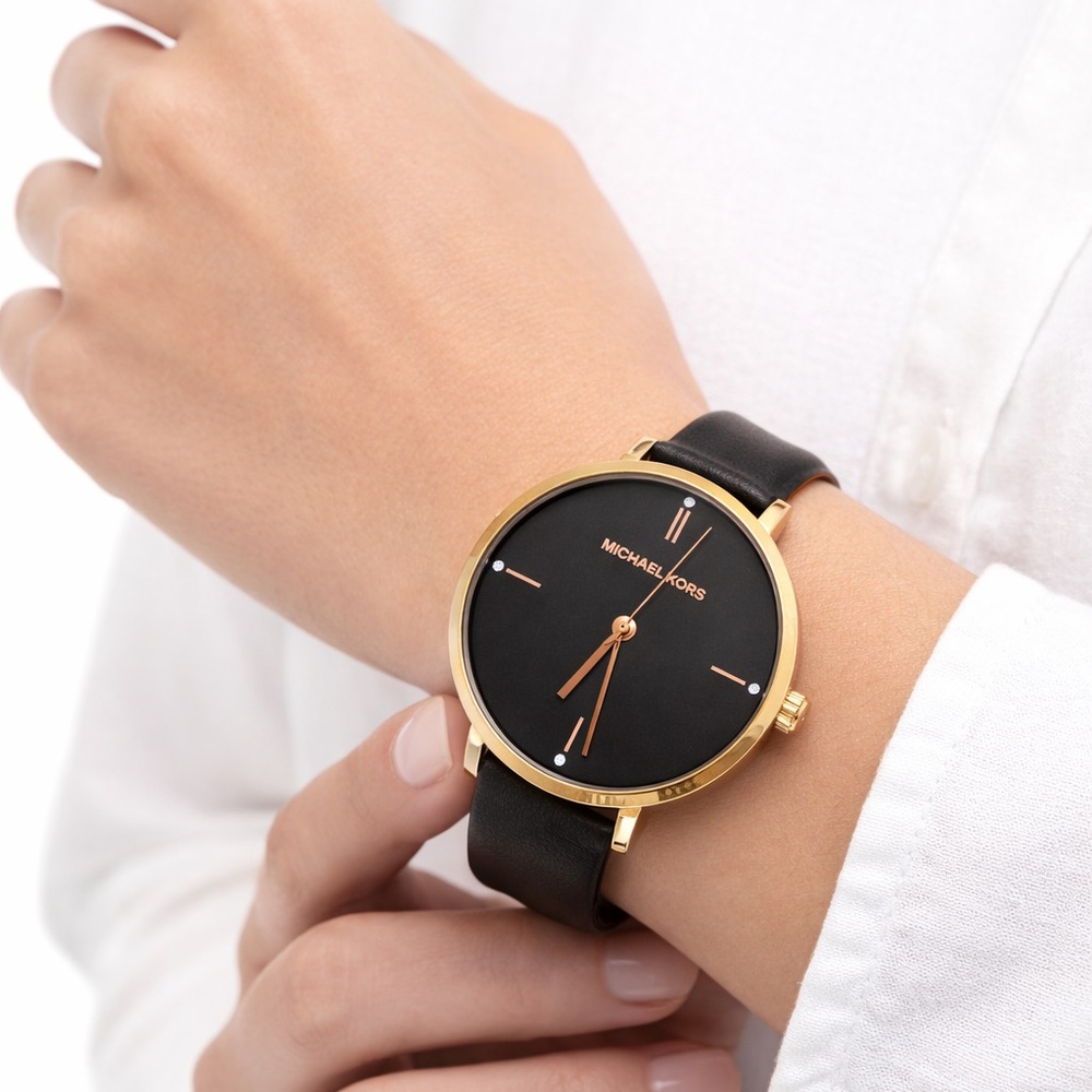 Michael Kors Black Leather Strap Gold Tone Minimalist Watch